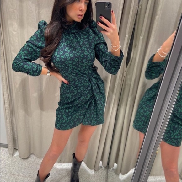 Zara Navy and Green Floral Draped Dress | Size Medium - Picture 7 of 8